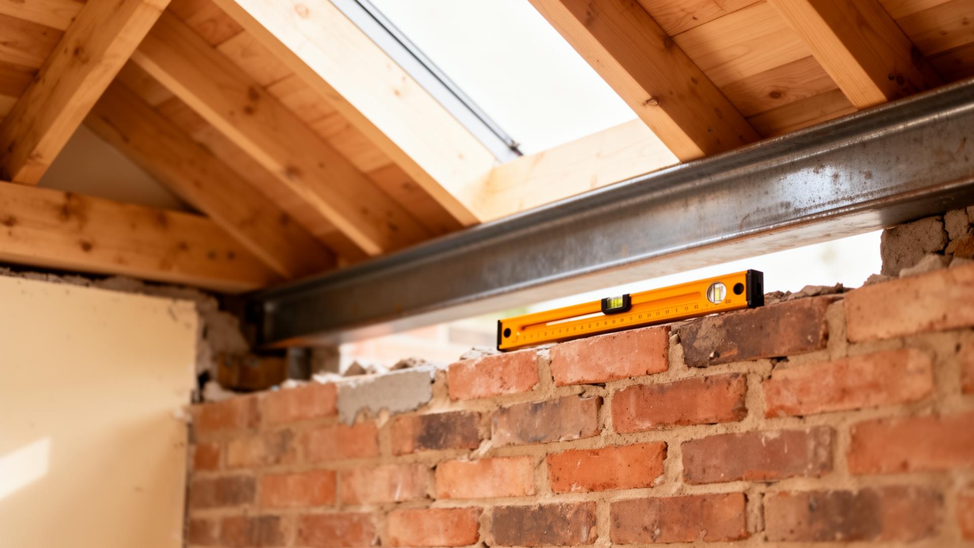 A steel beam and timber roof joists meeting brickwork in a UK home extension